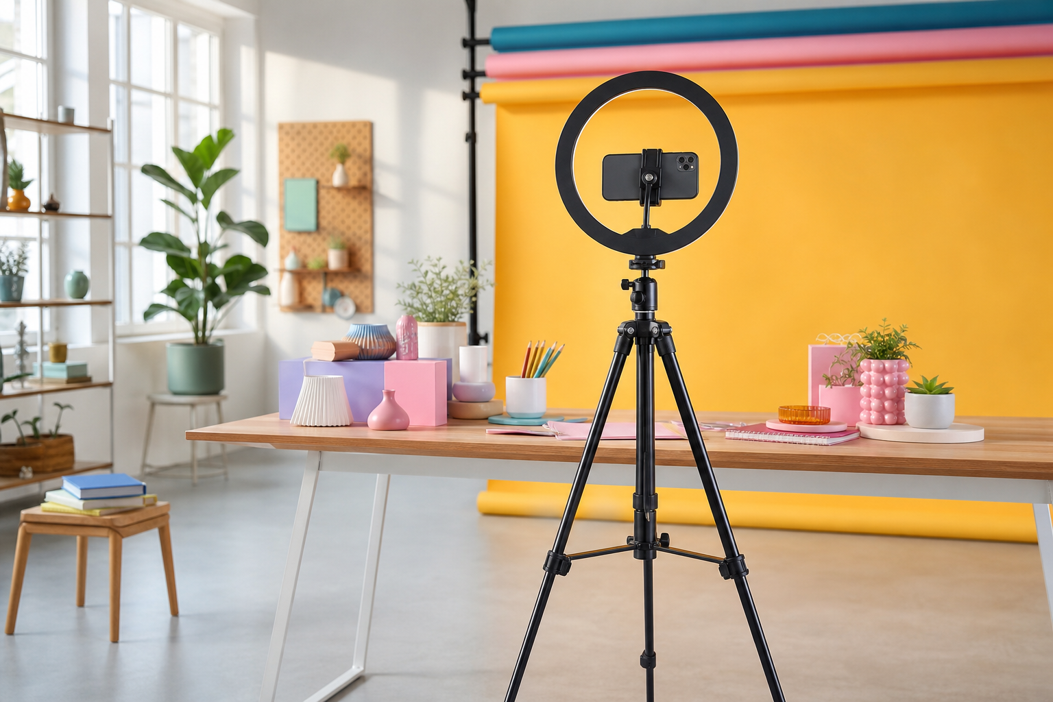 Set di creazione contenuti con ring light e smartphone